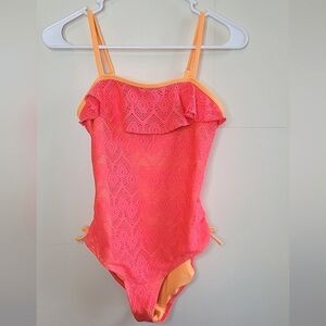 Girl's Joe Boxer One Piece Orange With Pink Overlay Bathing Suit, Size 16